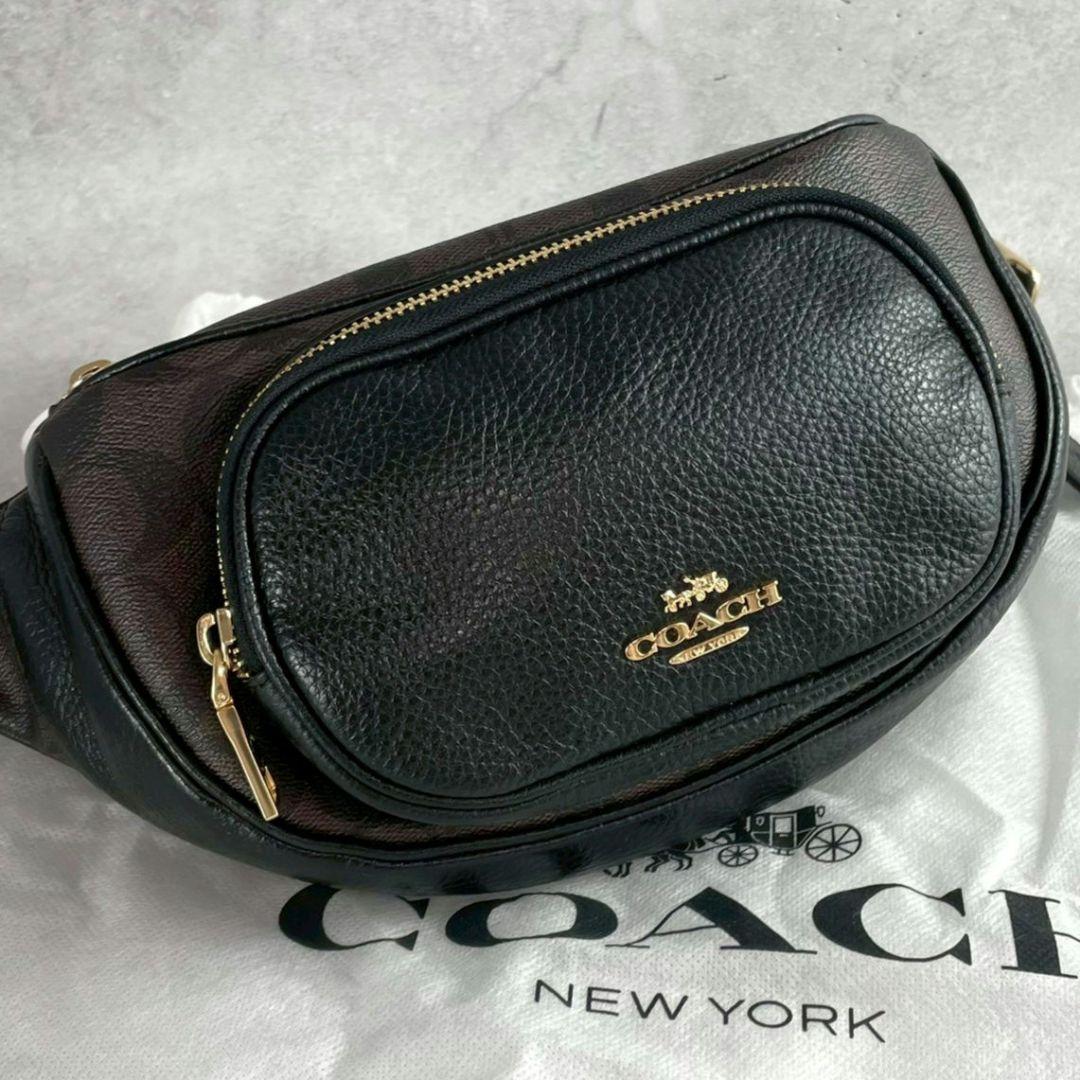 未使用 コーチ ボディバッグ レザー PVC ロゴ バイカラー ブラウン 黒