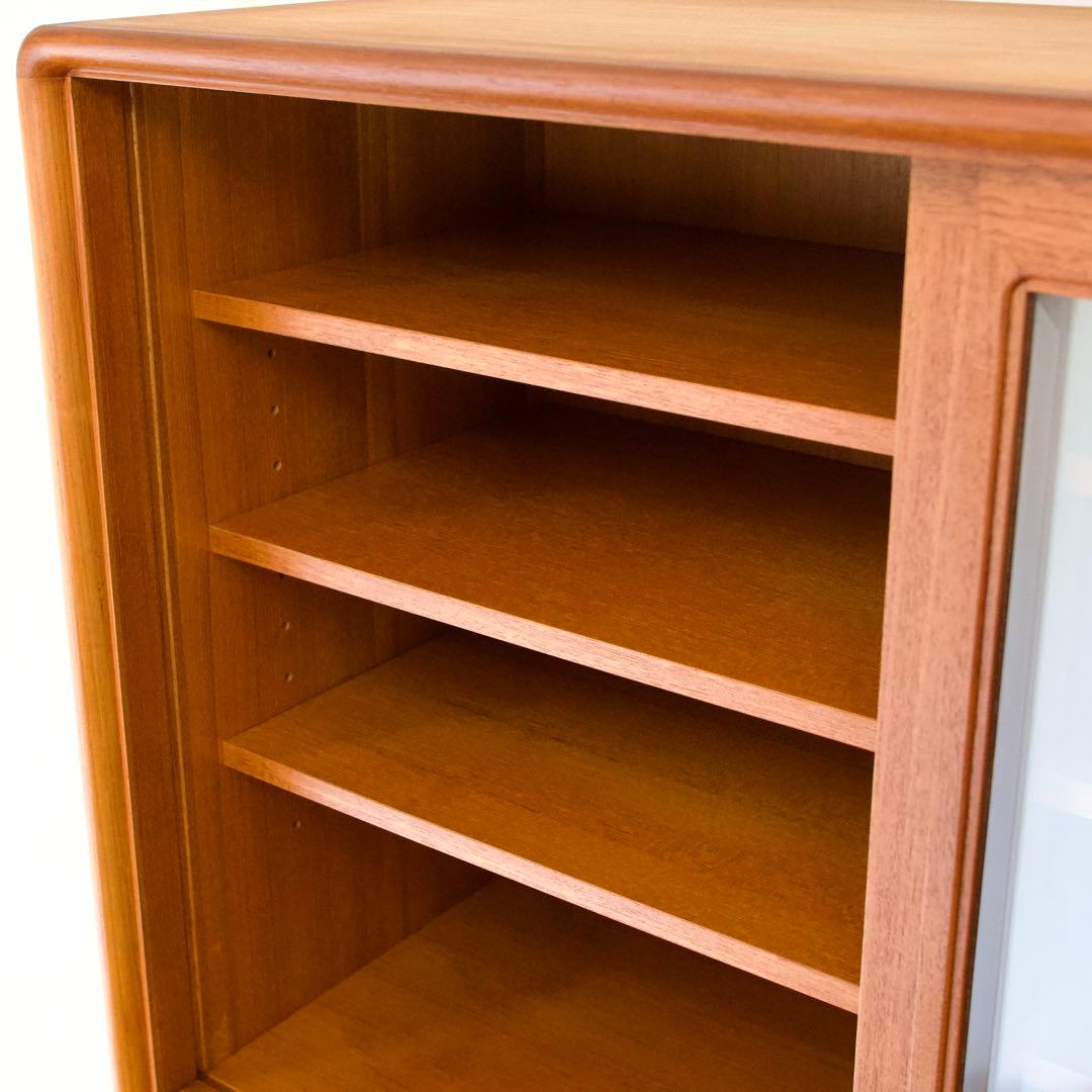 日田工芸 チーク材 食器棚 ガラスキャビネット 面取りガラス 引戸 80年代