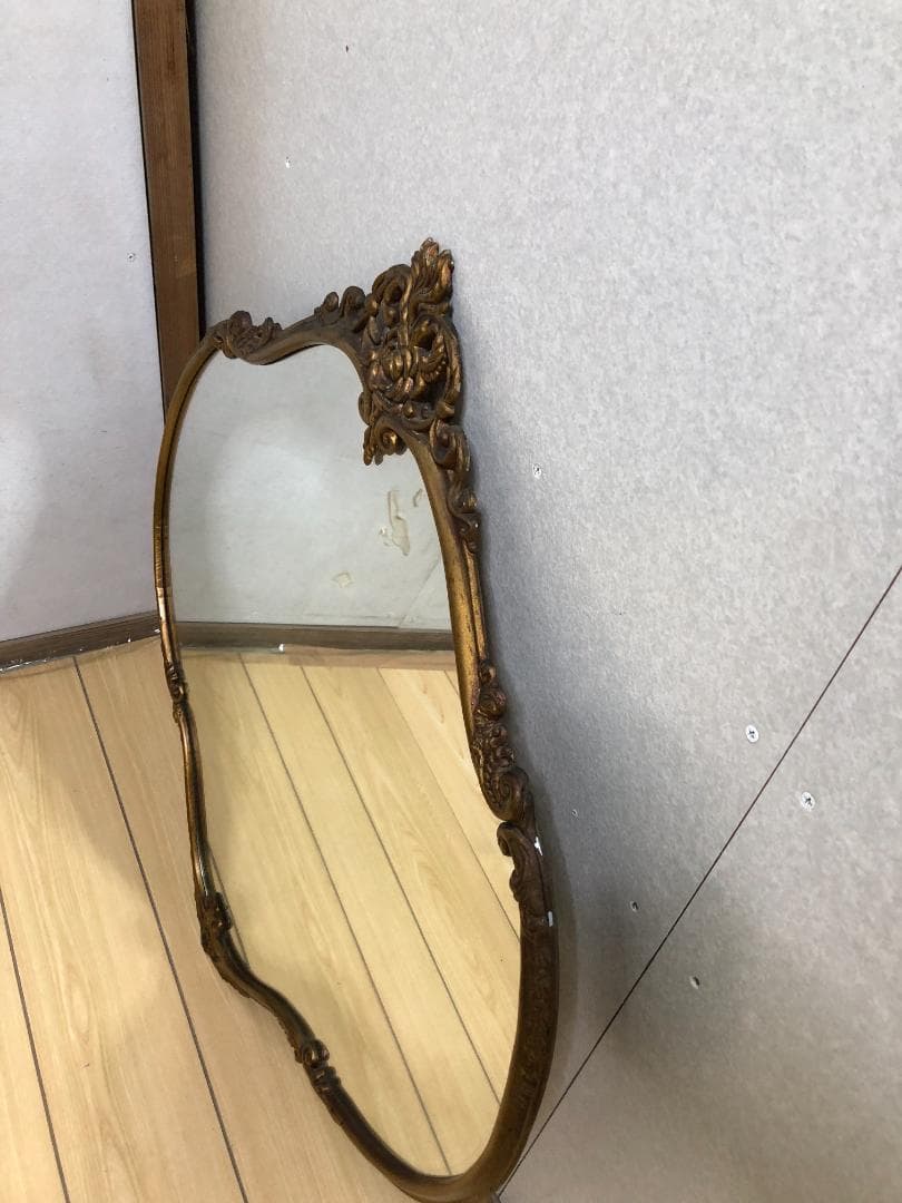 イタリア製 ロココ調 オーバル形 アンティーク加工 玄関鏡　250412-4