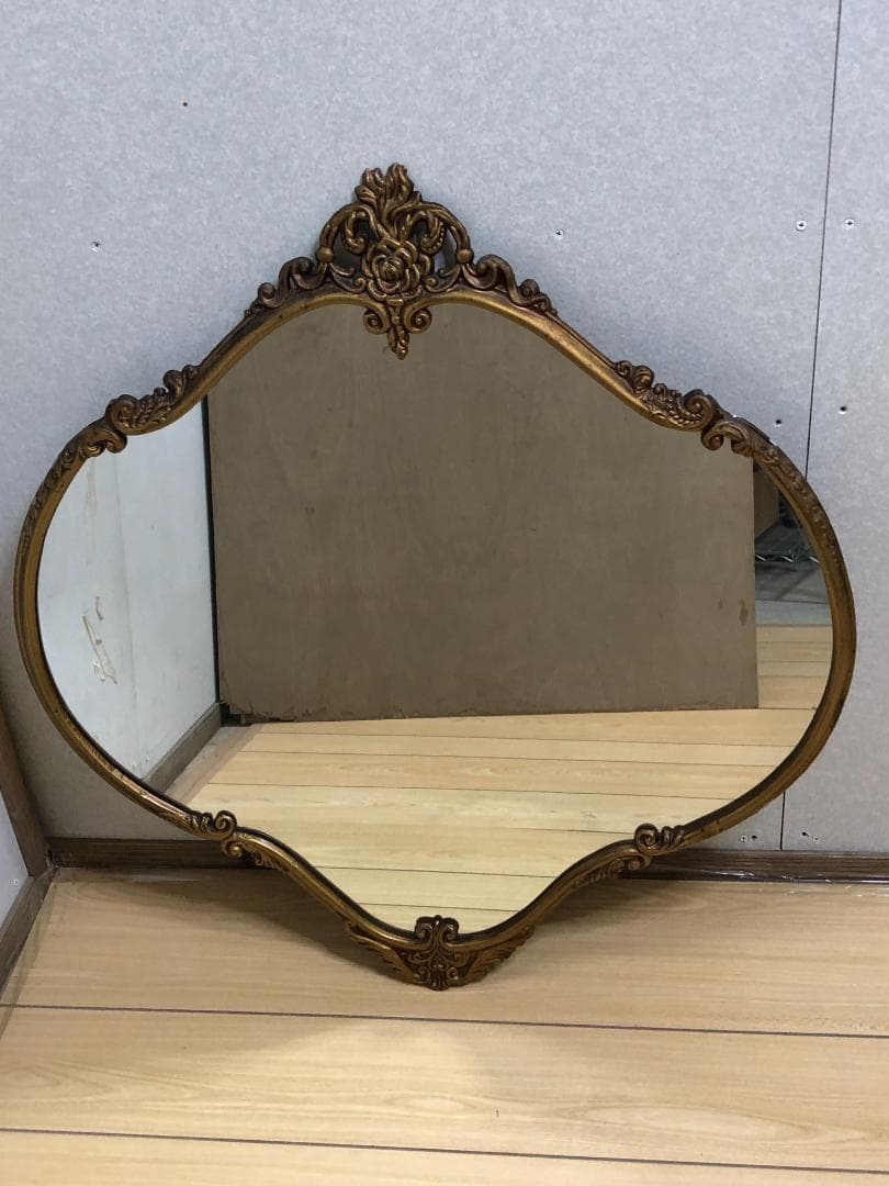 イタリア製 ロココ調 オーバル形 アンティーク加工 玄関鏡　250412-4